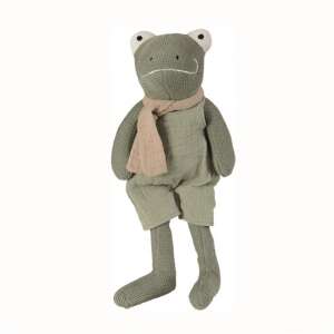 Jeremy the frog plush toy, knitted green frog with a scarf and overalls, Egmont Toys - Plush Toy