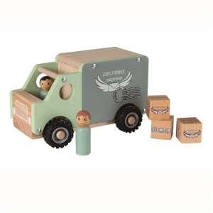 Egmont Toys wooden delivery truck with driver and 3 boxes, green and brown, toy for kids - Kids's play car