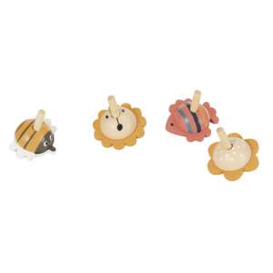 Egmont Toys wooden spinning tops, set of 4, with animal designs: bee, lion, fish, and flower - Developmental Toy for Preschooler
