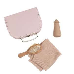 Egmont Toys Baby Suitcase with Accessories, Pink, includes a wooden bottle, hairbrush, and blanket - Doll accessory