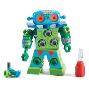 Green and blue robot toy with screwdriver and bolts, Educational Insights Design & Drill Robot - Educational Insights