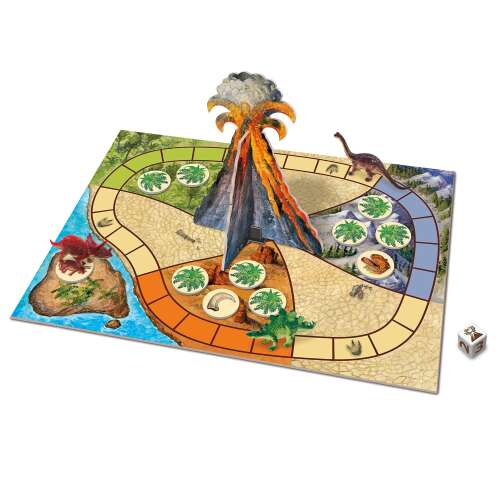 Dinosaur Escape game board, featuring a volcano, dinosaurs, and game pieces