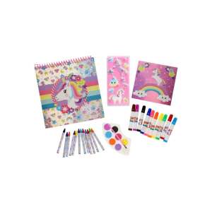 Creative XL Unicorn set with 12-page coloring book, notebook with 4 pages of stickers and 13 drawing sheets, 12 crayons, 10 pens, stencil, paint palette with 8 colors and brush - Totum