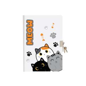 Jurnal alb A5 cu lacăt și cheie, cu un design drăguț de pisică cu cuvântul MEOW pe copertă - Jurnale