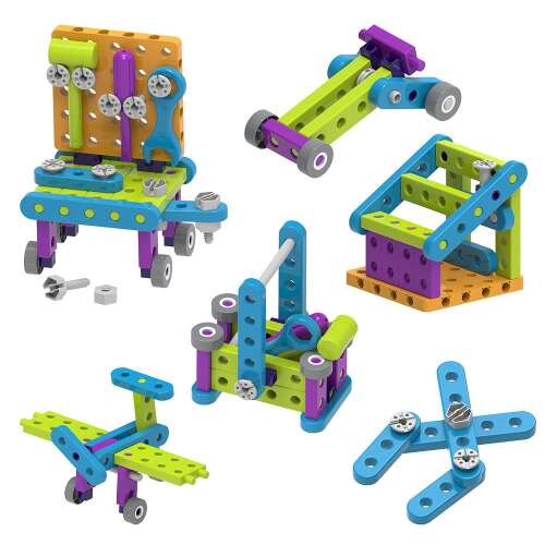 Thames & Kosmos Kids First Intro to Tools & Building STEM Experiment Kit, 6 model examples, workbench, toolbox, race car, airplane, house, scissors