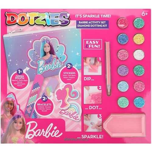 Set de activități Barbie Dotzies Diamond Dotting, set cu o geantă cu fermoar, brățări, autocolante și diamante