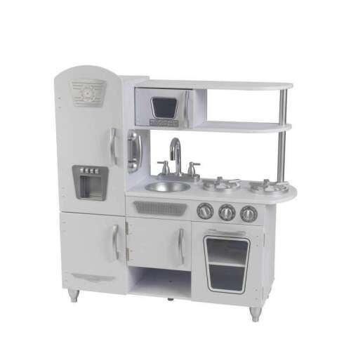 KidKraft White Vintage Kuchnia Zabawkowa, biała kuchnia zabawowa z lodówką, piekarnikiem, kuchenką mikrofalową i zlewem