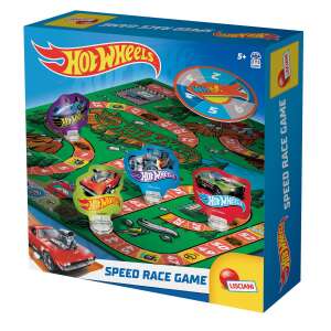 Gra planszowa Hot Wheels Speed Race Game, z zielonym torem wyścigowym z ponumerowanymi polami, czterema figurkami samochodów i kołem do kręcenia - Lisciani