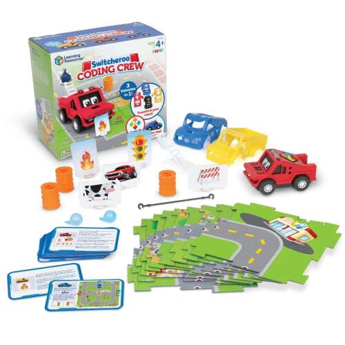 Learning Resources Switcheroo Coding Crew Programmierspiel für Kinder mit einem roten Feuerwehrauto, einem gelben Baufahrzeug, einem blauen Polizeiauto und einer Stadtkarte mit Programmierkarten