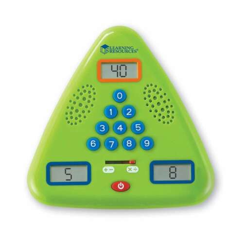 Learning Resources Minute Math Electronic Flash Card, green triangle shaped educational game for kids, front view