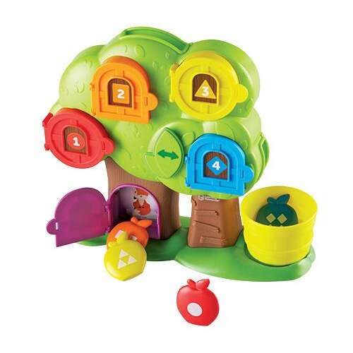 Learning Resources Hide & Seek Treehouse, jucărie educativă pentru bebeluşi, învaţă culorile, numerele în formele, include 5 uşi, 5 mere în 2 coşi