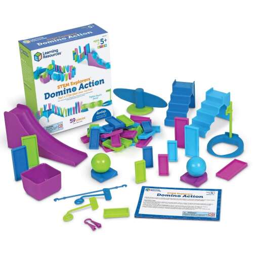 Комплект за игра STEM Explorers Domino Action STEM от Learning Resources, 59 части, включва домино, рампа, топки и карти с дейности