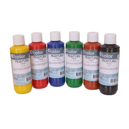 Set of 6 O'color fabric paints, 200 ml each, colors: yellow, red, blue, green, orange, black