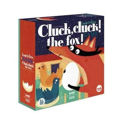 Londji Cluck, cluck! the fox! kooperatív játék doboz, 3-103 éves korig, 2-8 játékos, rókával, csirkékkel és tojásokkal illusztrálva