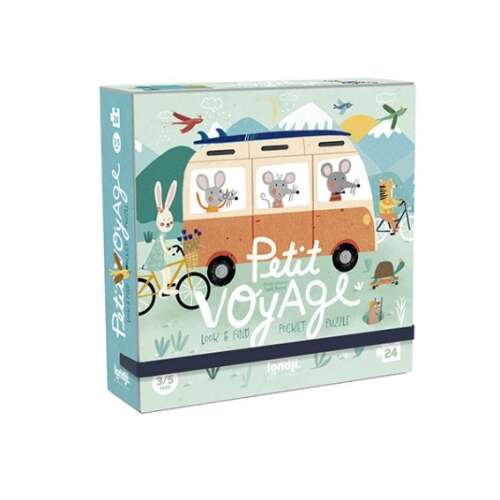 Londji Petit Voyage 24 darabos puzzle doboz, színes illusztrációval egy furgonról állatokkal egy úton
