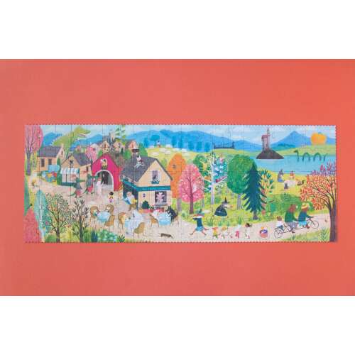 Completed 100 piece puzzle by Londji, Once Upon a Time... featuring a whimsical village scene with characters from classic literature and fairy tales