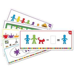 Activity cards for preschoolers, featuring family members and pets, with various tasks like counting, sorting, and simple math problems - Learning Resources