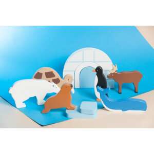 Arctic Animals Wooden Figurine Set by Marc Toys, featuring a polar bear, penguin, seal, whale, reindeer, and an igloo - Figure