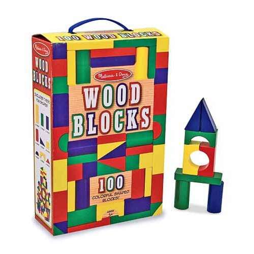 Set de 100 blocuri din lemn Melissa & Doug, blocuri colorate pentru construit pentru copii, jucărie educativă pentru bebeluși și preșcolari