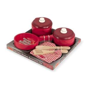 Melissa & Doug Wooden Kitchen Accessory Set, red play kitchen cookware set for kids, includes pots, pans, utensils, and a tea towel - Toy kitchen tool