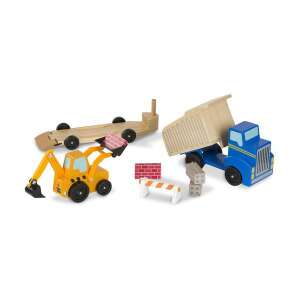 Wooden toy construction set with dump truck, flatbed trailer, excavator, and building blocks - Work machine for children