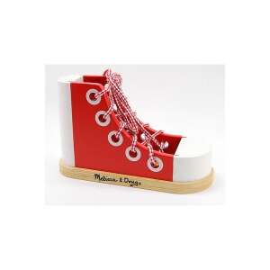 Melissa & Doug Wooden Lacing Shoe, red and white, learn to tie shoes, preschool toy - Melissa & Doug