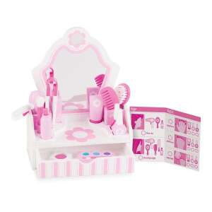 Melissa & Doug Beauty Salon Play Set, wooden vanity with 12 hair, nail & makeup accessories, pink and white, pretend play, kids toy - Vanity Table, Makeup Set, Fragrance
