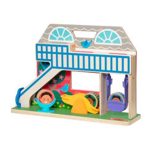 Melissa & Doug Go! Tots Schoolyard Tumbler set de joacă din lemn cu tobogan, leagăn și roată rotativă