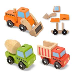 Melissa & Doug Wooden Construction Vehicles, a set of three wooden toy vehicles: a cement mixer, a bulldozer, and a dump truck. Each vehicle is made of wood and has movable wheels. - Melissa & Doug
