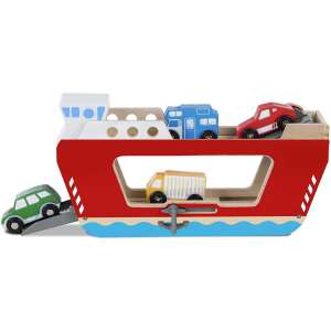 Melissa & Doug Wooden Ferryboat with 4 Vehicles, red and white ferryboat with cars, truck, and SUV, toy for kids - Developmental Toy for Preschooler