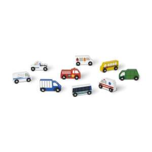 Melissa & Doug Wooden Town Vehicles 9 Piece Set, a collection of 9 colorful wooden toy vehicles, including a recycling truck, mail truck, school bus, tow truck, fire truck, ice cream truck, city bus, ambulance, and delivery truck - Kids's play car