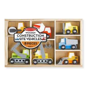 Melissa & Doug Wooden Construction Site Vehicles 8 Piece Set, a set of 8 wooden construction vehicles in a wooden box - Play food