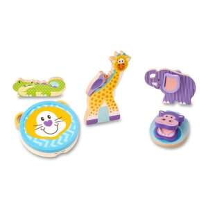 Wooden animal musical instrument set for babies and toddlers, featuring a giraffe, lion, elephant, crocodile, hippo, and rooster - Melissa & Doug