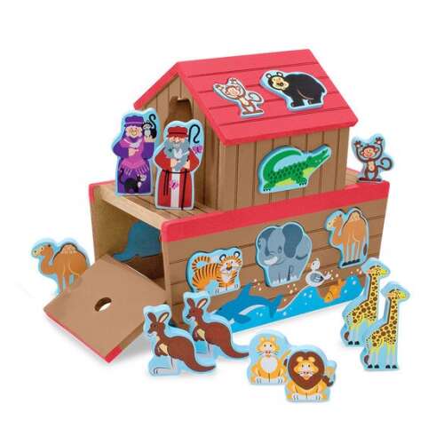 Noah's Ark wooden playset with 26 animals, Noah and his wife, two levels, open doors, great for developing fine motor skills and creativity