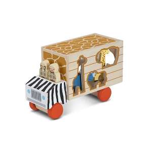 Wooden safari truck toy with animal shapes for sorting and matching, featuring a giraffe, lion, rhino, zebra, hippo, crocodile, and two safari guides - Shape Sorting Toy