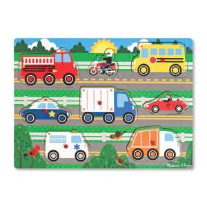 Melissa & Doug Wooden Vehicles Puzzle, a colorful puzzle with 8 pieces featuring different vehicles for toddlers and preschoolers - Melissa & Doug Puzzle