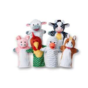 Set of 6 farm animal hand puppets, including a pig, rooster, duck, horse, cow, and sheep - Melissa & Doug