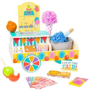 Melissa & Doug Carnival Candy Play Set, wooden toy playset with candy cart, pretend play, kids toy, pretend food, pretend play food, carnival games, fair games, pretend money, pretend play money, pretend shopping, pretend store, Melissa & Doug toys - Play food