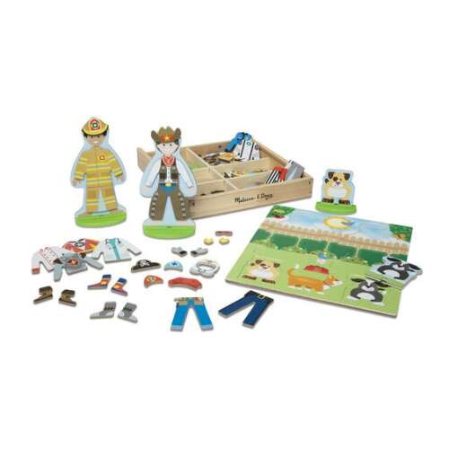 Melissa & Doug Mágneses Öltöztetős Játék - Foglalkozások, fa mágneses öltöztetős játék gyerekeknek 2 figurával, 73 mágneses ruhával és kiegészítővel, tároló doboz