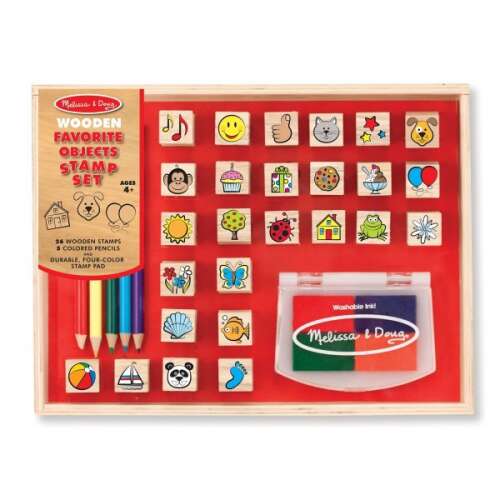 Melissa & Doug Wooden Favorite Objects Stamp Set, 26 wooden stamps, 4 colored pencils, and a durable four-color stamp pad