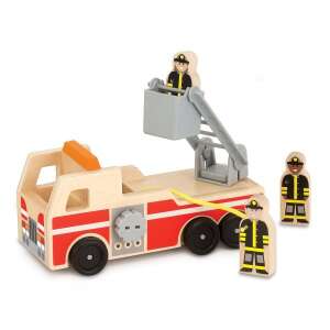 Wooden fire truck toy with three firefighters, ladder, and hose - Work machine for children