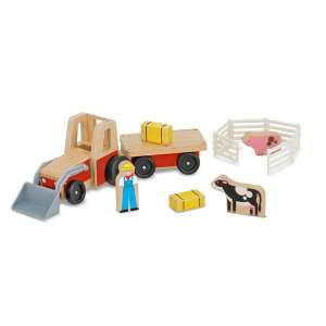 Melissa & Doug Farm Tractor Play Set with Trailer, wooden toy tractor with trailer and 5 play pieces, including a farmer, cows, hay bales, and a fence - Work machine for children