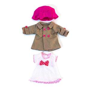 Temperált időjárási ruházat szett 32 cm-es babának, tartalmaz egy barna kabátot, fehér ruhát és rózsaszín kalapot - Miniland