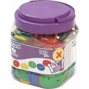 Miniland 140 piece button set for educational activities, showing the plastic container with buttons and laces - Interactive Kids' Toy