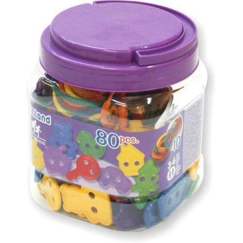 Set de înșirare Miniland cu 80 de piese cu forme din plastic colorate într-un recipient transparent cu capac violet