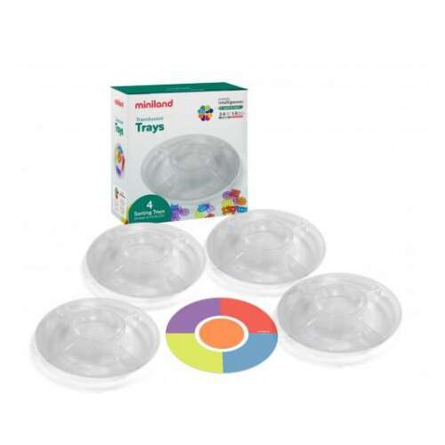 Set of 4 Miniland Sorting Trays, clear plastic trays with compartments for sorting and stacking, educational toy for toddlers