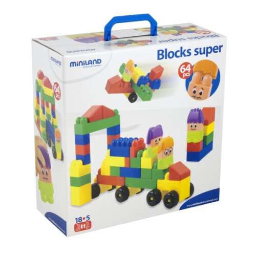 Miniland Blocks Super set de 64 piese, blocuri mari din plastic pentru copii, colorate, cu cutie