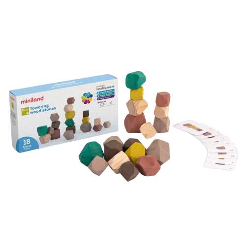 Miniland Towering Wood Stones educational toy for toddlers, 18 pieces, stacking blocks, geometric shapes, wooden blocks, motor skills development, preschool toys