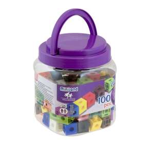 Miniland 100 piece 2 cm building blocks set in a plastic container with a purple lid - Plastic Building Toy
