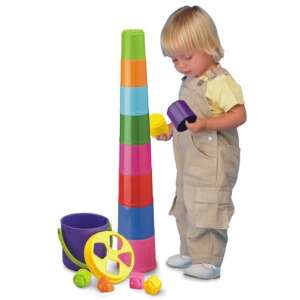 Miniland Giantte stacking cups and shape sorter toy for toddlers, featuring a child playing with the toy - Miniland